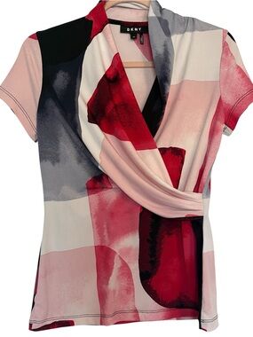 DKNY Red and Pink Abstract Draped Top